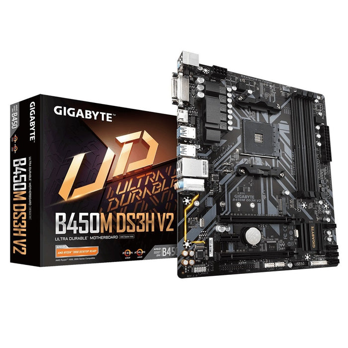 M/B sAM4 (AMD) – Gigabyte B450M DS3H – 1.0 – micro ATX – B450 Chipset – USB 3.1 Gen 1 – Gigabit LAN – Tarjeta gráfica (CPU necesaria) – HD Audio (8-canales)